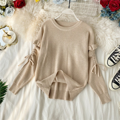 Pulover de dama modern cu cravate la maneca si decolteu oval in mai multe culori