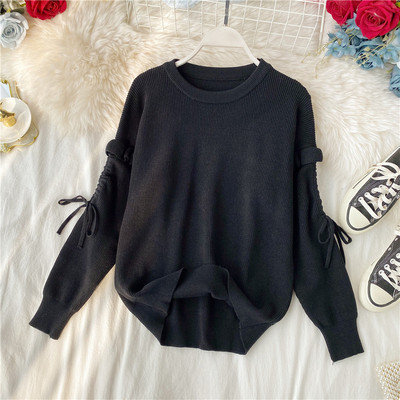 Pulover de dama modern cu cravate la maneca si decolteu oval in mai multe culori