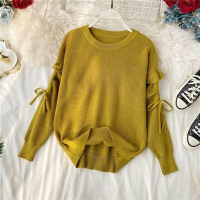 Pulover de dama modern cu cravate la maneca si decolteu oval in mai multe culori