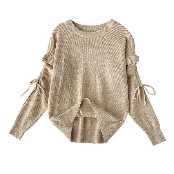 Pulover de dama modern cu cravate la maneca si decolteu oval in mai multe culori