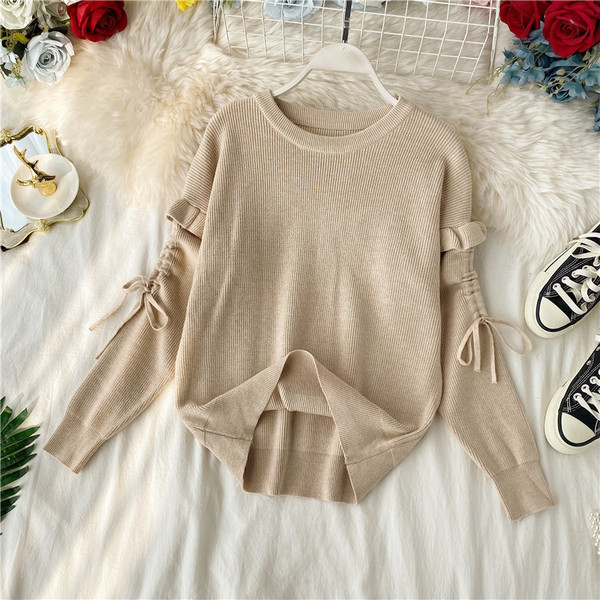 Pulover de dama modern cu cravate la maneca si decolteu oval in mai multe culori