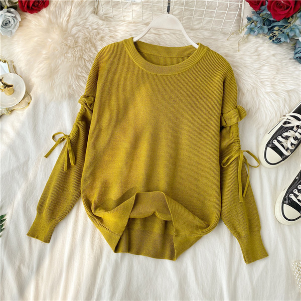 Pulover de dama modern cu cravate la maneca si decolteu oval in mai multe culori