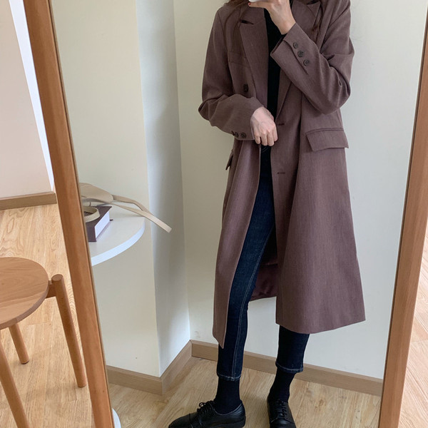 Κομψό γυναικείο μακρύ παλτό σε μπλε και καφέ χρώμα