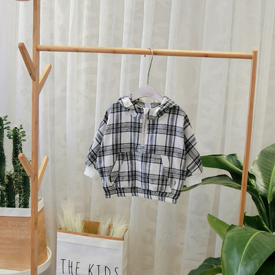 Új modell kockás gyerek pulóver kapucnival és cipzárral fiúknak