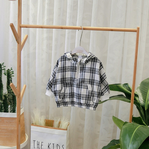 Új modell kockás gyerek pulóver kapucnival és cipzárral fiúknak