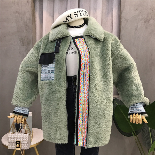 Palton de puf de damă model larg cu fermoar în verde și alb