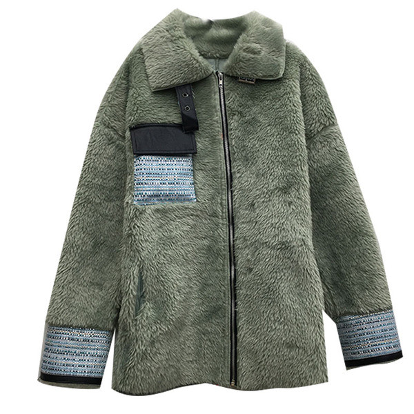 Palton de puf de damă model larg cu fermoar în verde și alb