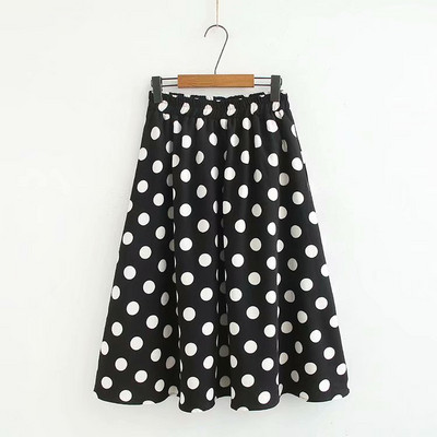 Fusta lunga de dama casual cu talie inalta de puncte in alb si negru