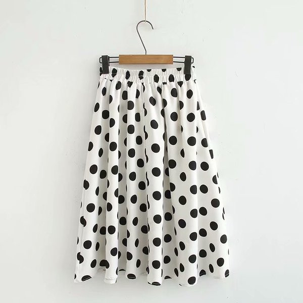 Fusta lunga de dama casual cu talie inalta de puncte in alb si negru