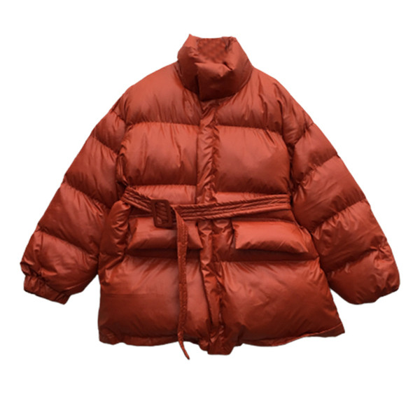 Geaca de iarna de dama cu guler inalt si curea in culorile verde, portocaliu si negru