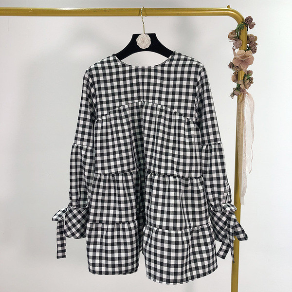 Μακρύ καρό μπλούζα με κορδόνια στα μανίκια