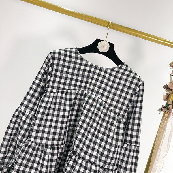 Μακρύ καρό μπλούζα με κορδόνια στα μανίκια