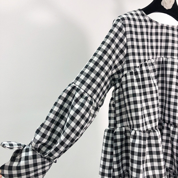 Μακρύ καρό μπλούζα με κορδόνια στα μανίκια