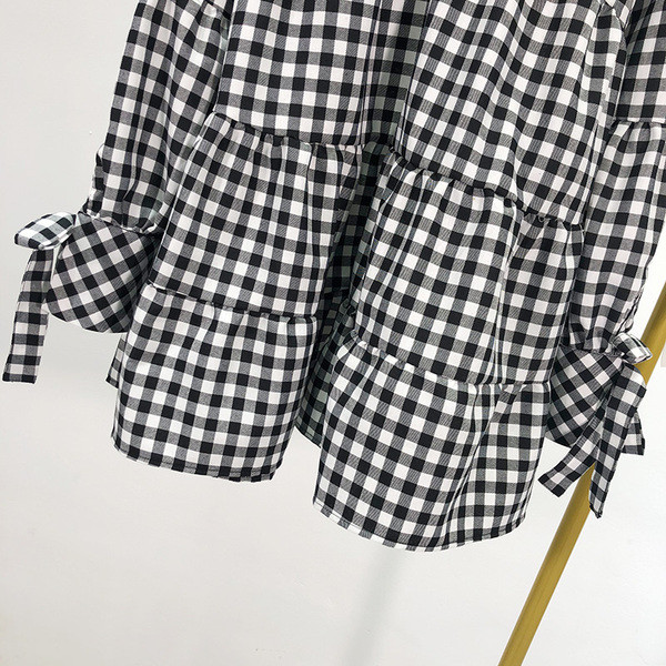 Μακρύ καρό μπλούζα με κορδόνια στα μανίκια