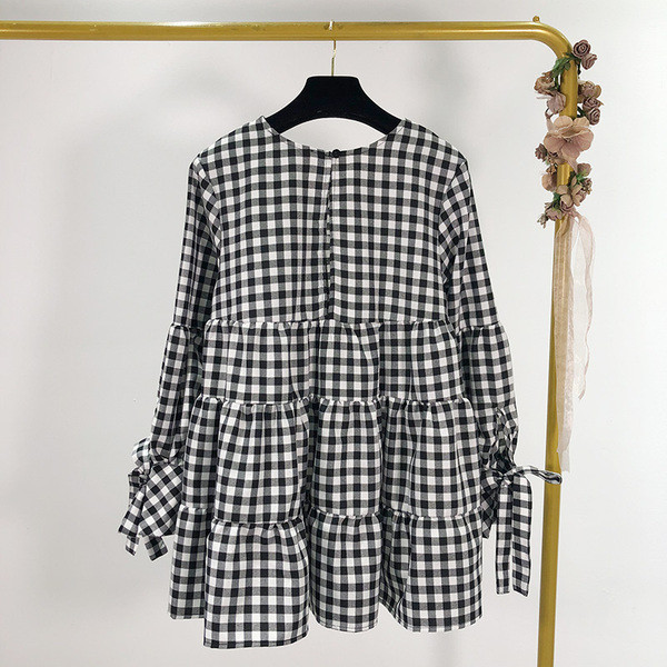 Μακρύ καρό μπλούζα με κορδόνια στα μανίκια