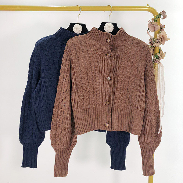 Σύντομη γυναικεία ζακέτα με φαρδιά μανίκια σε καφέ και μπλε χρώμα