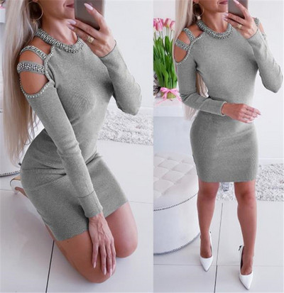 Modern női ruha csupasz váll és hosszú ujjú szürke és fekete színben