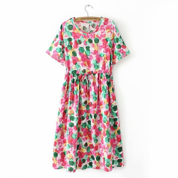 Lezser, színes női ruha rövid ujjú, O-nyakú