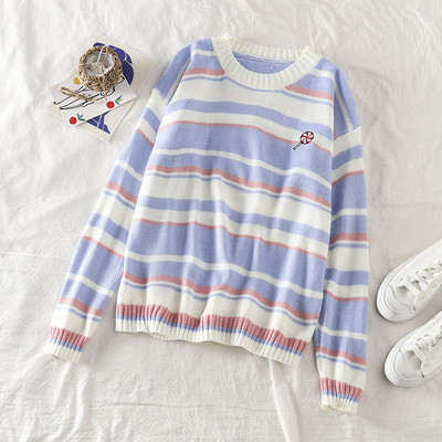 Ριγέ γυναικείο καθημερινό πουλόβερ  σε ροζ, μπλε και καφέ χρώμα