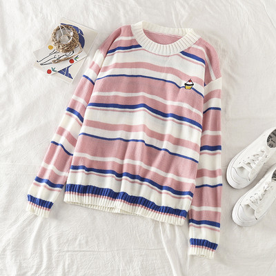 Ριγέ γυναικείο καθημερινό πουλόβερ  σε ροζ, μπλε και καφέ χρώμα