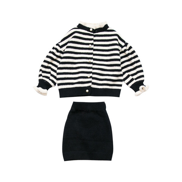 Μοντέρνο παιδικό σετ για κορίτσια δυο τεμαχίων ριγέ ζακέτα + φούστα