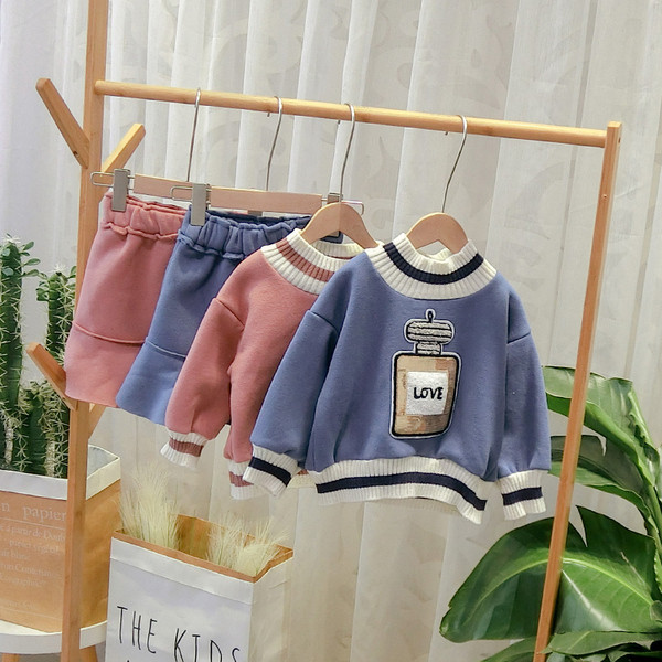 Μοντέρνο παιδικό σετ μπλούζα + φούστα για  κορίτσια σε μπλε και ροζ χρώμα