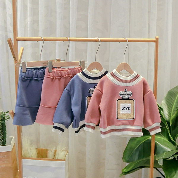 Μοντέρνο παιδικό σετ μπλούζα + φούστα για  κορίτσια σε μπλε και ροζ χρώμα