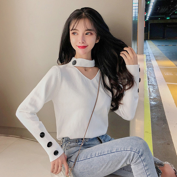 Μοντέρνο γυναικείο πουλόβερμε κουμπιά μανίκια σε διάφορα χρώματα