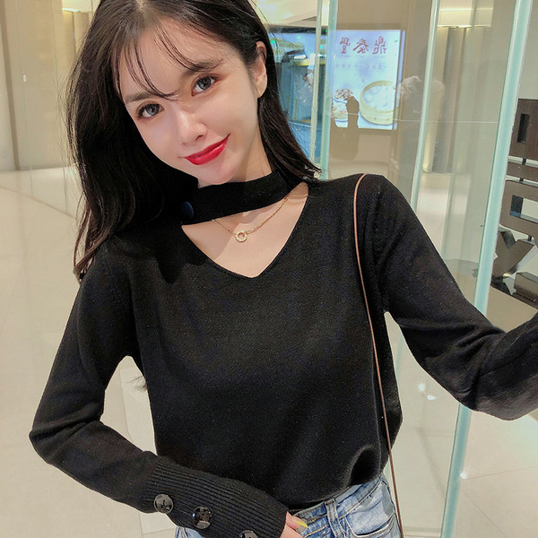 Μοντέρνο γυναικείο πουλόβερμε κουμπιά μανίκια σε διάφορα χρώματα