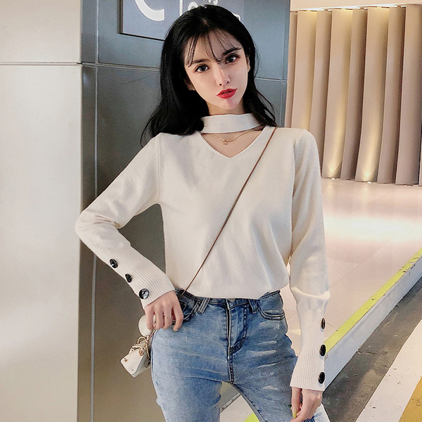 Μοντέρνο γυναικείο πουλόβερμε κουμπιά μανίκια σε διάφορα χρώματα