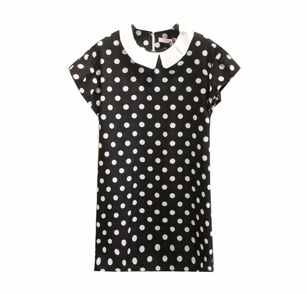 Rochie scurtă de damă modernă cu decolteu O în puncte negre