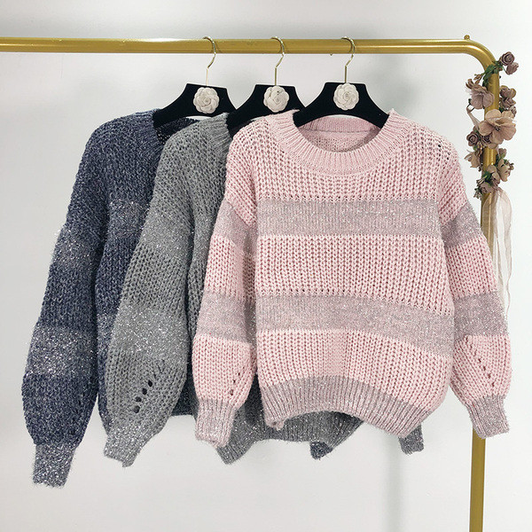 Vastag pulóver ovális nyakkivágással, rózsaszín, szürke és kék színben