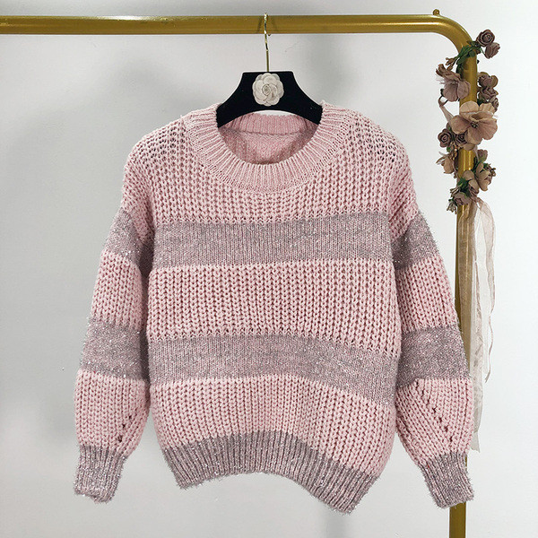 Vastag pulóver ovális nyakkivágással, rózsaszín, szürke és kék színben