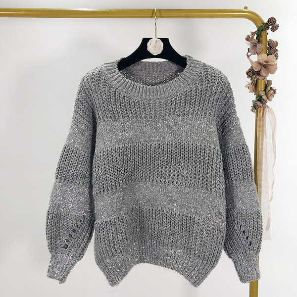 Vastag pulóver ovális nyakkivágással, rózsaszín, szürke és kék színben