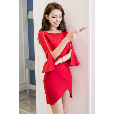 Rochie elegantă de damă, cu decolteu barcă și fermoar, în roșu și negru