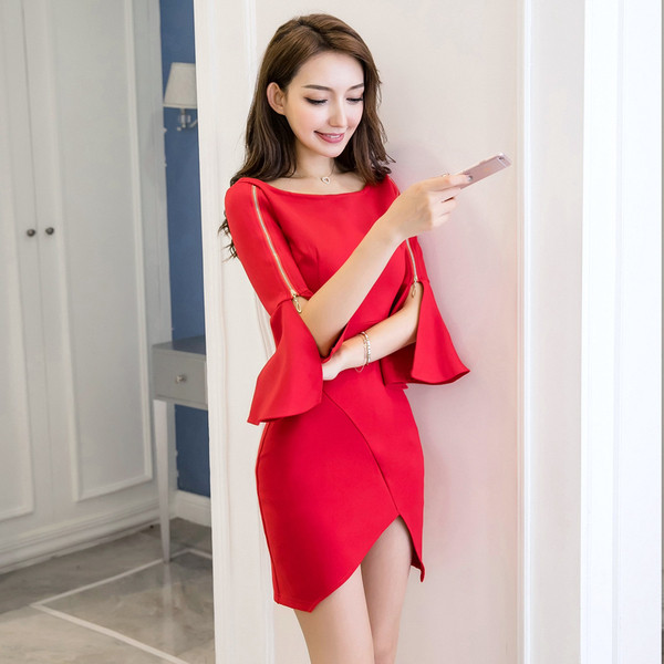 Rochie elegantă de damă, cu decolteu barcă și fermoar, în roșu și negru