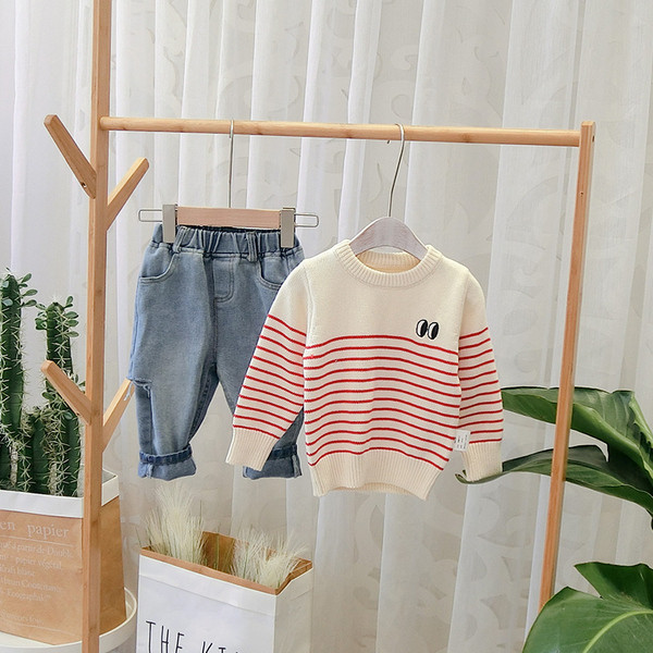 Pulover modern pentru copii cu dungi pentru baieti in albastru si rosu