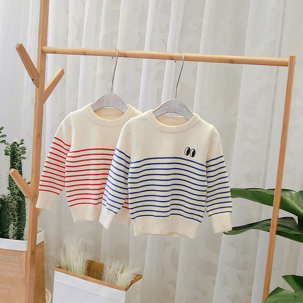 Pulover modern pentru copii cu dungi pentru baieti in albastru si rosu