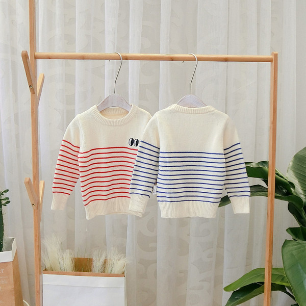 Pulover modern pentru copii cu dungi pentru baieti in albastru si rosu