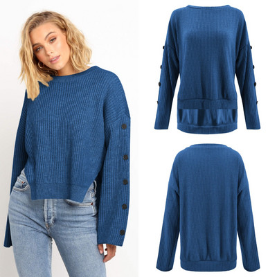 Modern női pulóver O-nyakkal és gombokkal, négy színben