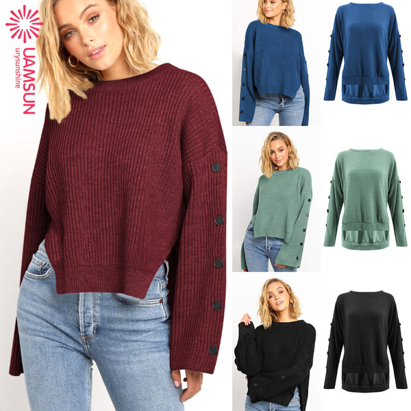 Modern női pulóver O-nyakkal és gombokkal, négy színben