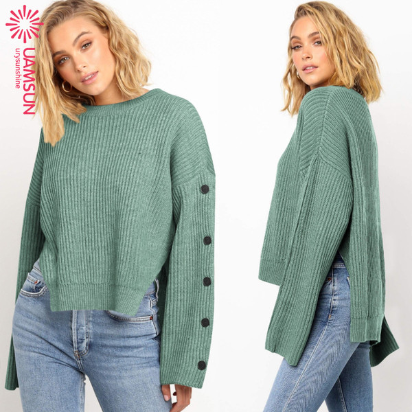 Modern női pulóver O-nyakkal és gombokkal, négy színben