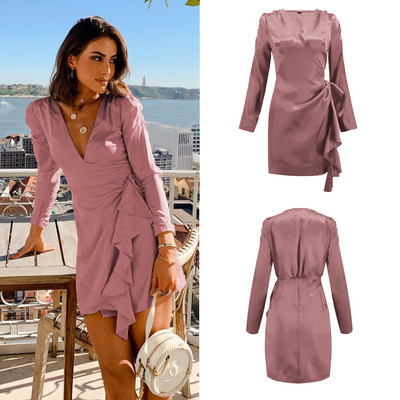 Rochie scurtă de damă elegantă, cu decolteu adânc și mâneci lungi în patru culori