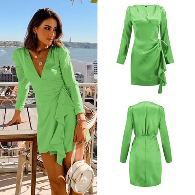 Rochie scurtă de damă elegantă, cu decolteu adânc și mâneci lungi în patru culori