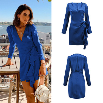 Rochie scurtă de damă elegantă, cu decolteu adânc și mâneci lungi în patru culori