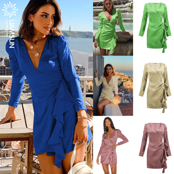 Rochie scurtă de damă elegantă, cu decolteu adânc și mâneci lungi în patru culori