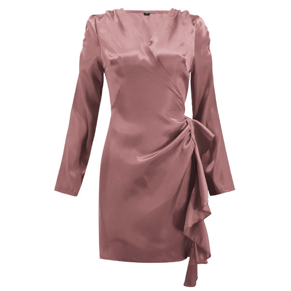 Rochie scurtă de damă elegantă, cu decolteu adânc și mâneci lungi în patru culori