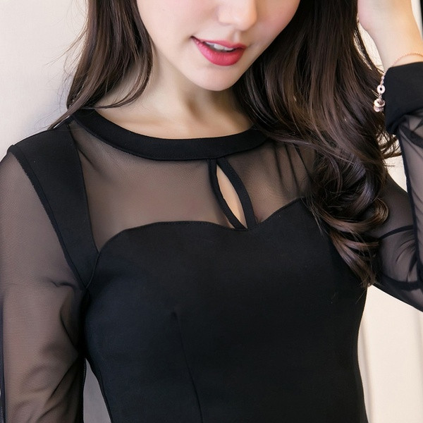 Rochie modernă de damă cu mâneci lungi din tul, de culoare neagră