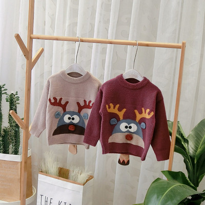 Нов модел модерен детски пуловер в кафяв и червен цвят
