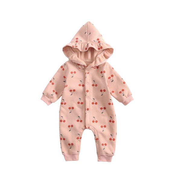 Salopeta bebelusi pentru fete cu gluga si model colorat in roz si alb